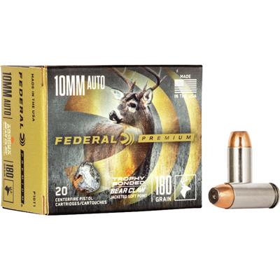 eral Premium Pistol 10mm 180 Gr. Trophy Bonded Bear Claw JSP 20 Rd. Ammo