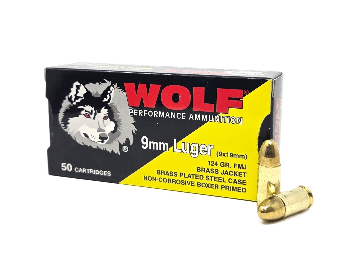 Wolf Performance 9mm Luger Ammo 124 Grain Brass Plated Full Metal Jacket(FMJ) f Performance 9mm Luger 124 Grain Brass Plated Full Metal Jacket(FMJ) Ammo