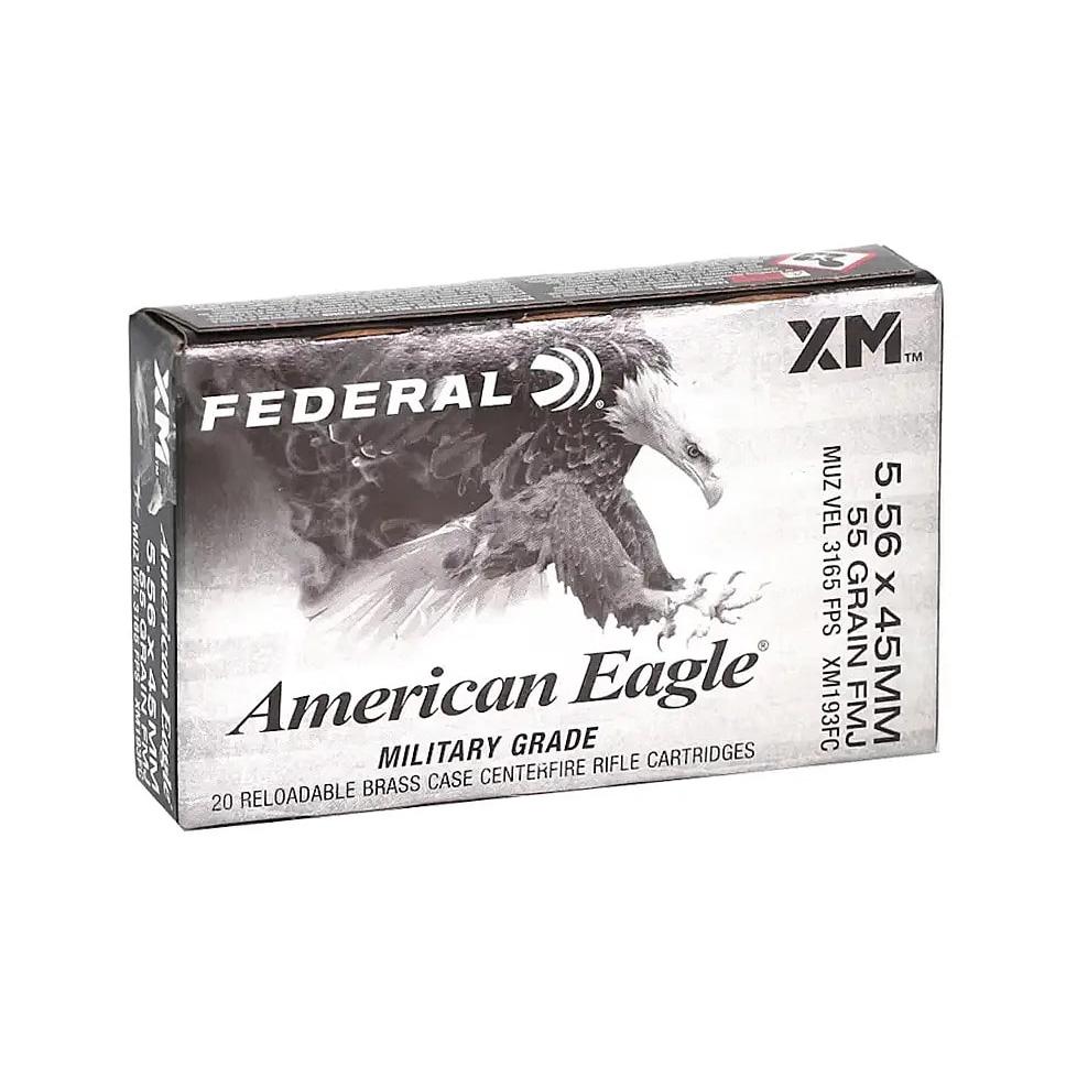 Federal American Eagle Rifle Ammunition 5.56X45 NATO 55gr FMJ 3165 Fps 20/ct eral American Eagle Rifle Ammunition 5.56X45 NATO 55gr FMJ 3165 Fps 20/ct Ammo