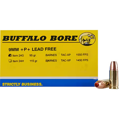 falo Bore Ammunition 24G20 Buffalo-Barnes Strictly Business 9mm Luger P 95 Gr Barnes TAC-XP Lead Free 20 Per Box/ 12 Cs Ammo
