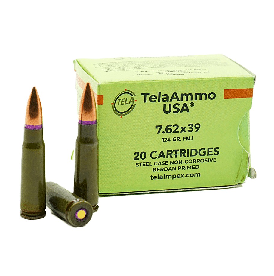 TelaAmmo 7.62x39 Steel Cased 124 Grain Full Metal Jacket(FMJ) Non Corrosive aAmmo 7.62x39 Steel Cased 124 Grain Full Metal Jacket(FMJ) Non Corrosive Ammo