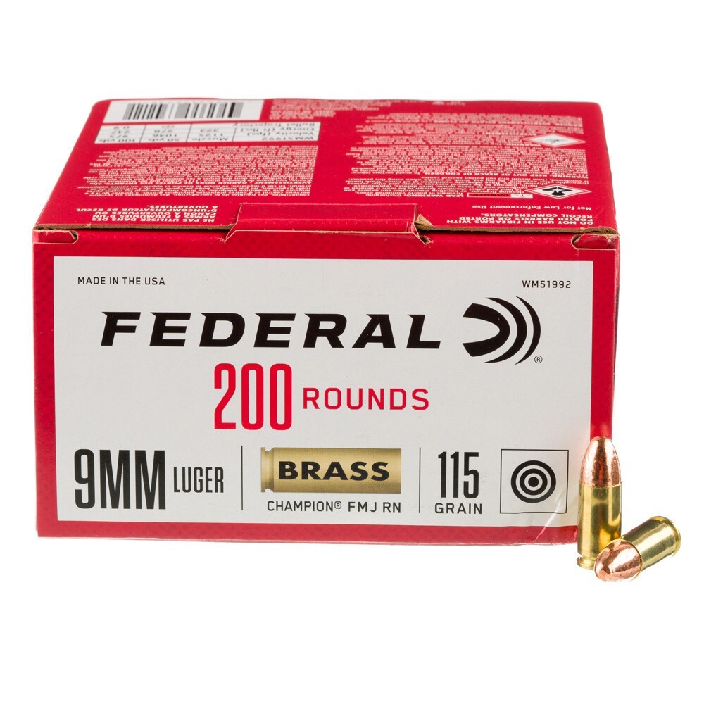 Federal Champion 9mm Luger 115 Gr FMJ 200ct Value Packs 1125 FPS eral Champion 9mm Luger 115 Gr FMJ 200ct Value Packs 1125 FPS Ammo