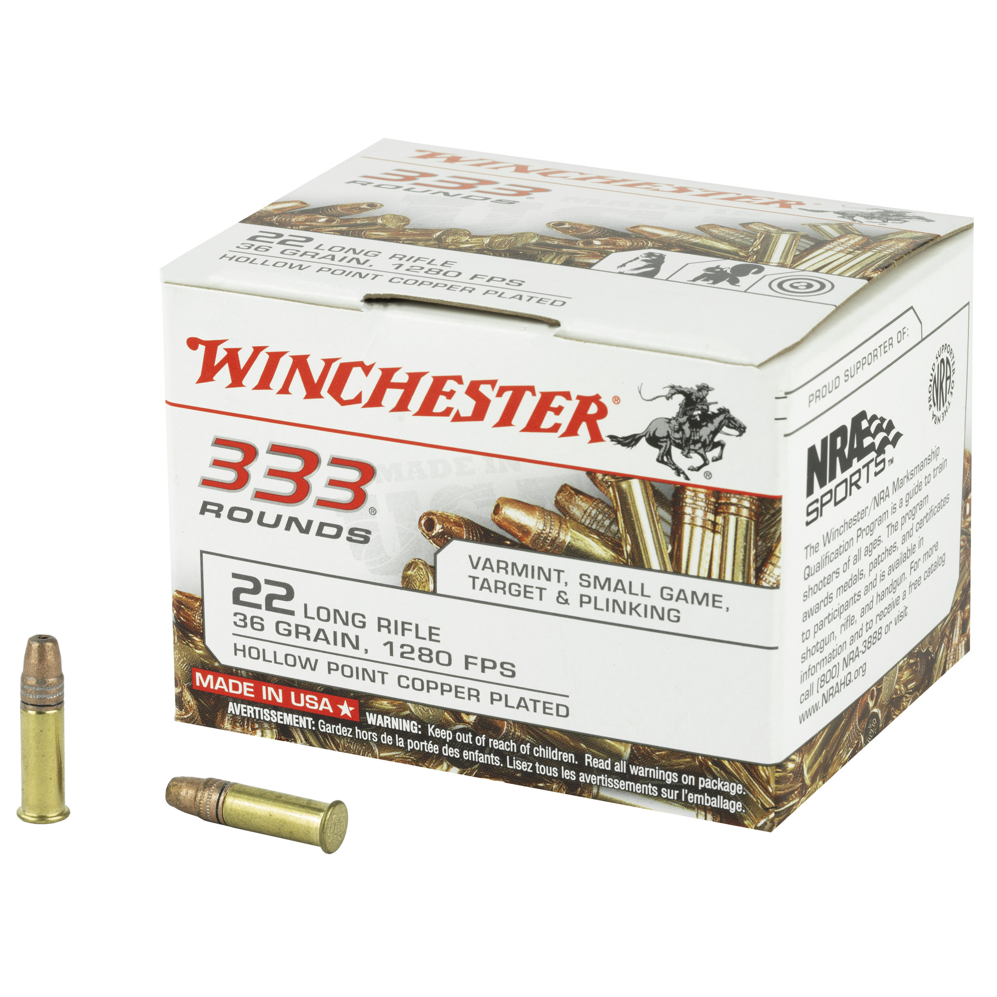 chester 22LR333HP USA 333 Copper Plated Hollow Point CPHP 36 Grain .22 Long Rifle 1280 FPS Ammo