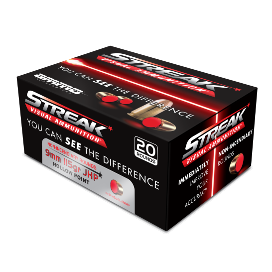 o Inc 9115JHPSTRKRED Streak Visual (RED) Jacketed Hollow Point 115 Grain 9mm Luger/Parabellum 1124 Fps Ammo