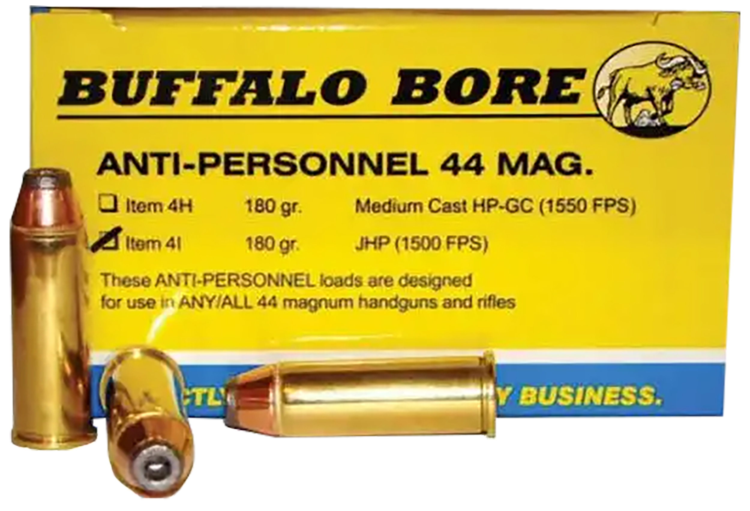 falo Bore Ammunition 4I20 Anti-Personnel Strictly Business 44 Rem Mag 180 Gr Jacketed Hollow Point (JHP) 20 Per Box/ 12 Cs Ammo