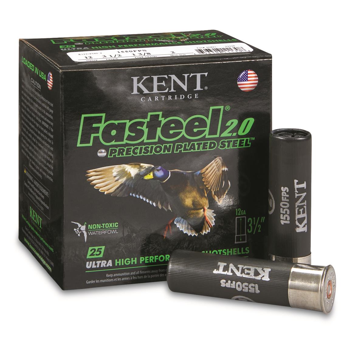 Kent Fasteel 2.0 Precision Plated Steel Load 12 Gauge (12 Ga.) 3.5 In. 1 3/8 Oz. 2 Shot t Fasteel 2.0 Precision Plated Steel Load 12 Gauge (12 Ga.) 3.5 In. 1 3/8 Oz. 2 Shot Ammo