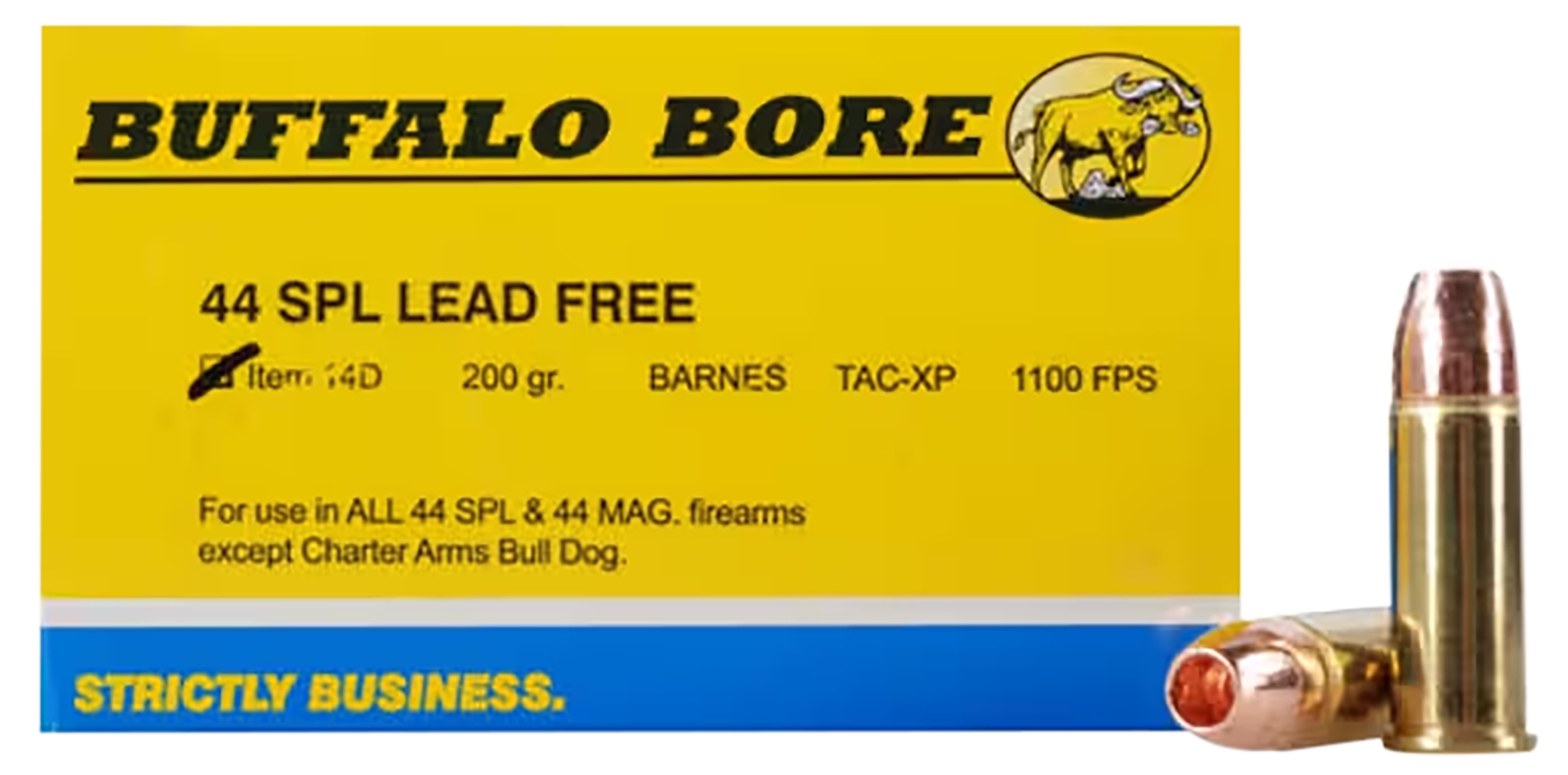 falo Bore Ammunition 14D20 Buffalo-Barnes Strictly Business 44 S&W Spl 200 Gr Barnes TAC-XP Lead Free 20 Per Box/ 12 Cs Ammo