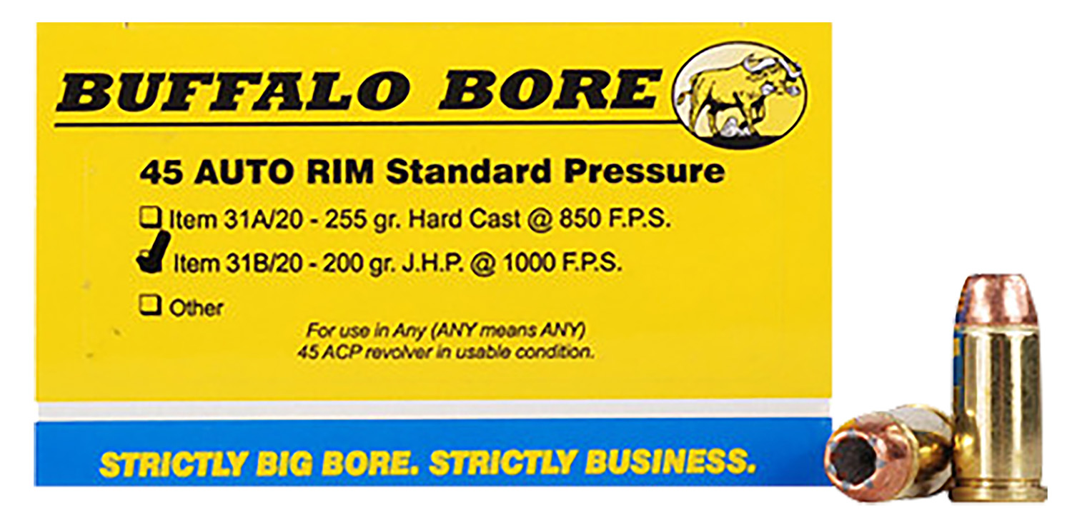 falo Bore Ammunition 31B20 Standard Pressure Strictly Business 45 Auto Rim 200 Gr Jacketed Hollow Point (JHP) 20 Per Box/ 12 Cs Ammo