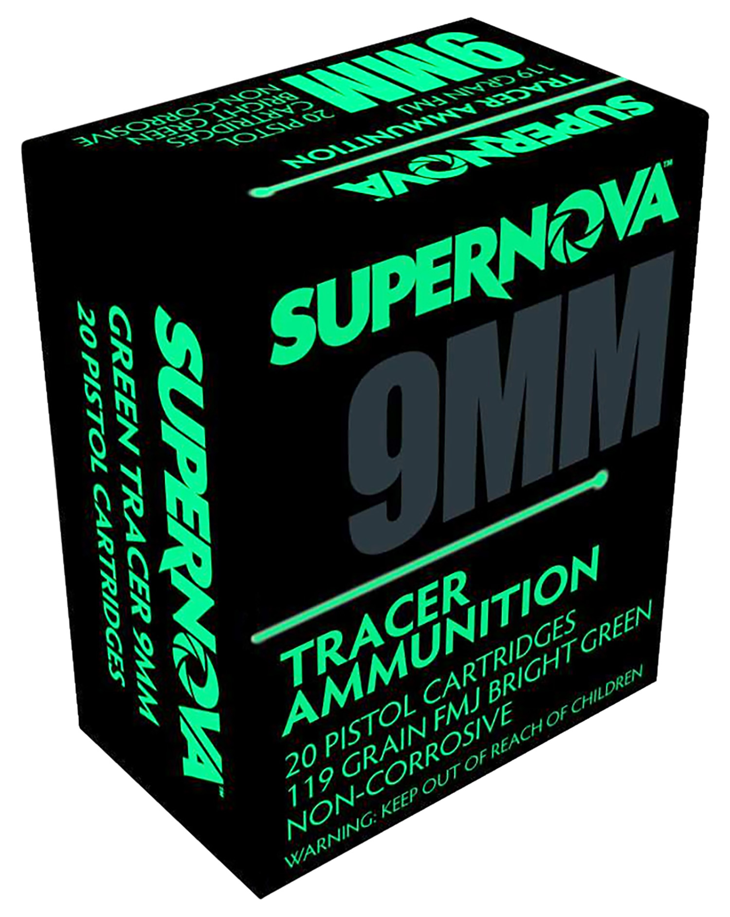 ernova PMSN9MMG Green Tracer Non Corrosive 9mmLuger 119Gr Full Metal Jacket 20 Per Box/50 Case Ammo